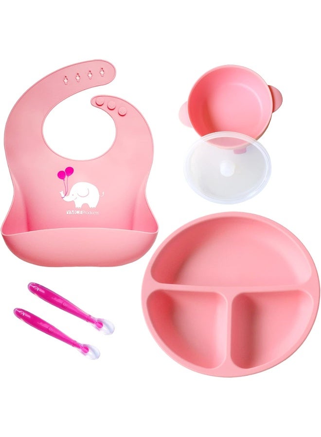 YMCF Products Baby or Toddler Feeding Set | Silicone Bib, Divided Plates, Suction Bowls & Spoons, Dishwasher-Safe, Easy-Wipe Cleaning (Pink) - Image 1